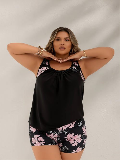 Black Pink Floral Swimwear
